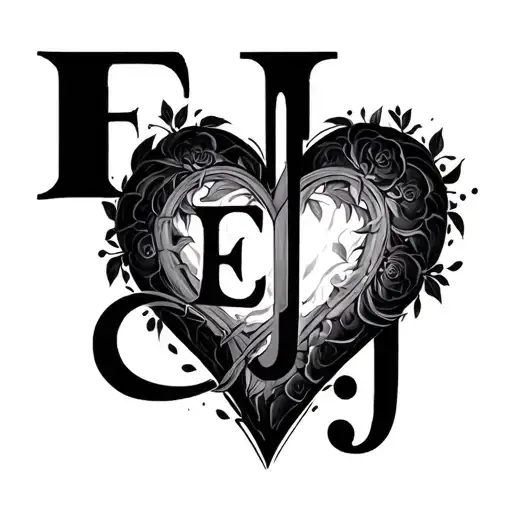 Create a image for a.tatoo using  capital. E and capital J in a way the letters e and j will assembly a heart   tattoo design idea