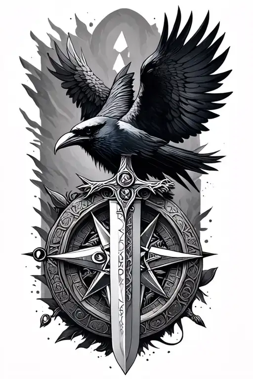 I would like a sword with a raven, rune stones and a viking compass blending into the skin  tattoo design idea