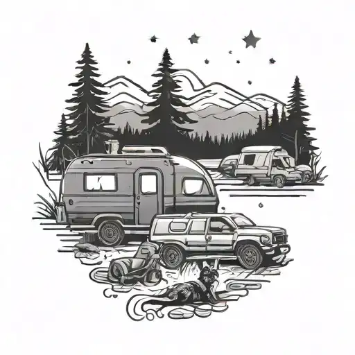 A black-grey tattoo of a serene camping scene with a driver's truck parked under a starry sky, with a cat and dog sitting by a campfire tattoo design idea