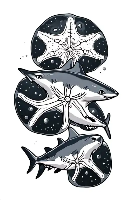 sand dollar with sharks around it  tattoo design idea