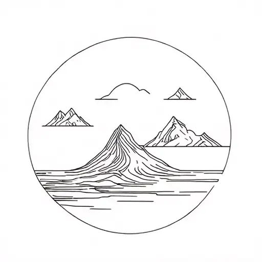 mountains and ocean, fine line, no boarder,  tattoo design idea