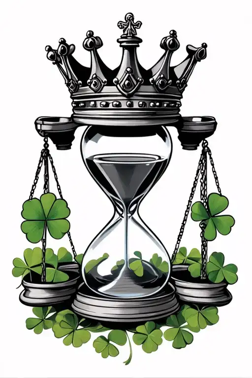 hour glass chess king crown and 4 leaf clover surrounding on the bottom put a balance  scale  tattoo design idea