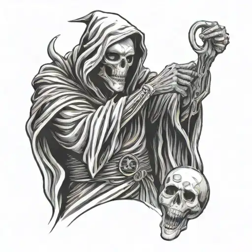 grim reaper holding dead clown's head tattoo design idea