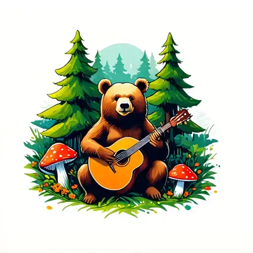 A female bear surrounded by green trees and amanita mushrooms with bluegrass instruments  tattoo design idea