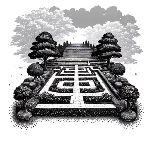 seamless tattoo design in polkadot (dotwork, pointillism) style, showing a large garden labyrinth from two perspectives  tattoo design idea