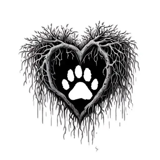 Weeping willow tree with roots that grow down into a heart shape with a dog paw print inside the heart tattoo design idea