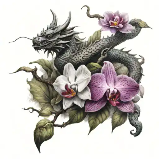 orchid and dragon with searching for soul tattoo design idea