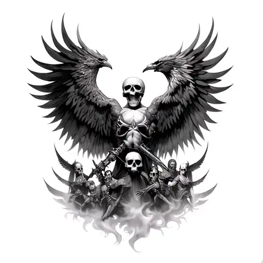 fantacy full back with phoenix reapers warrior skelintons skulls fog tattoo design idea