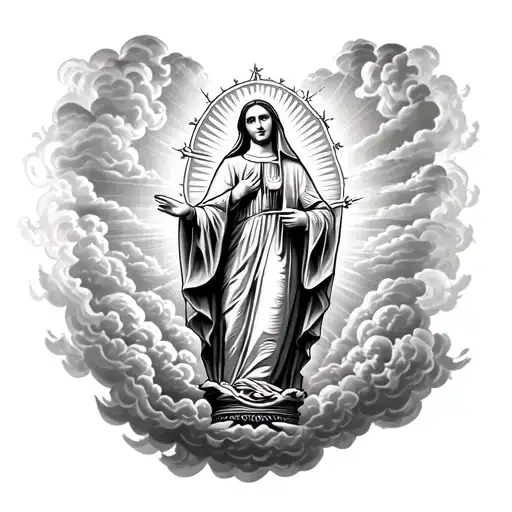 virgen mary with san judas tadeo with clouds forming the shape tattoo design idea