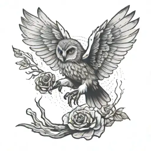 Flying Owl holding dead snake in his claw, forest background with black rose rising from concrete  tattoo design idea