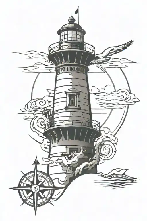 cape hatteras lighthouse with a compass and anchor  tattoo design idea
