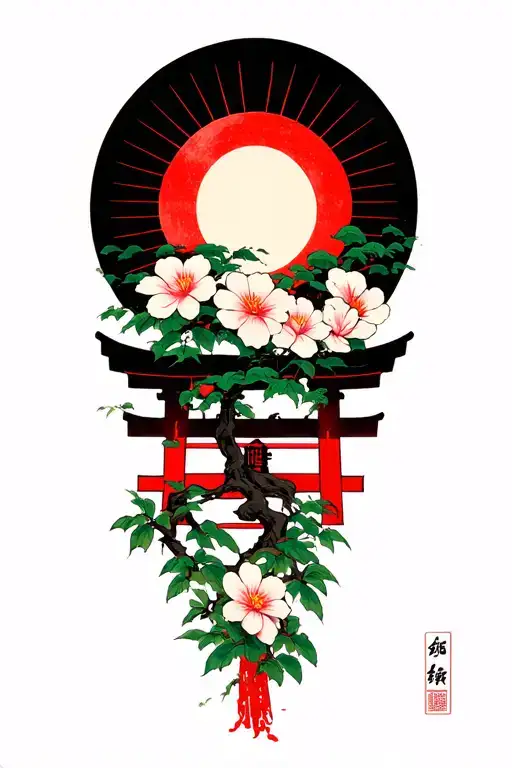 Japanese red sun, Shinto shrine, flowers and bonsai branches in a wood block print style. tattoo design idea