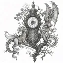 tattoo with knight with excalibur, pendulum clock behind, tree of life and little birds, dragon around tattoo design idea