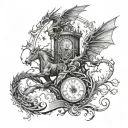 tattoo with knight with excalibur, pendulum clock behind, tree of life and little birds, dragon around tattoo design idea
