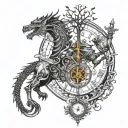 tattoo with knight with excalibur, pendulum clock behind, tree of life and little birds, dragon around tattoo design idea