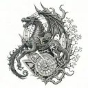 tattoo with knight with excalibur, pendulum clock behind, tree of life and little birds, dragon around tattoo design idea