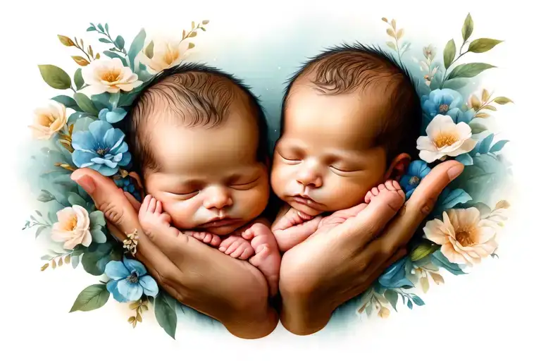 baby twins, one passing away in hands holding tattoo design idea