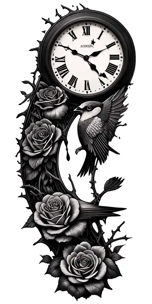 2 melting clocks merging to make on clock,  ying-yang symbol, ciloetee of 7 sparrows, roses and thorns tattoo design idea