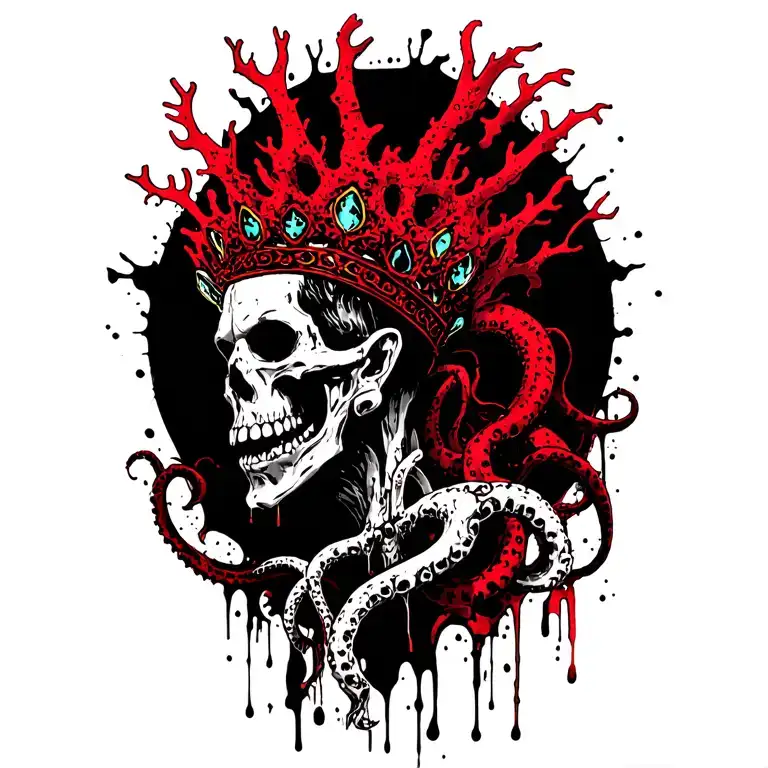 King Of Bones With A Coral Crown, Hades 2 Style, Eldritch, Tentacles, Lovecraftian, Deep Sea tattoo design idea