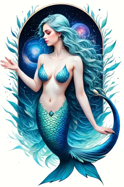 sexy mermaid opening her chest revealing the universe with her hand and long tail with geometrical shaoes in it tattoo design idea