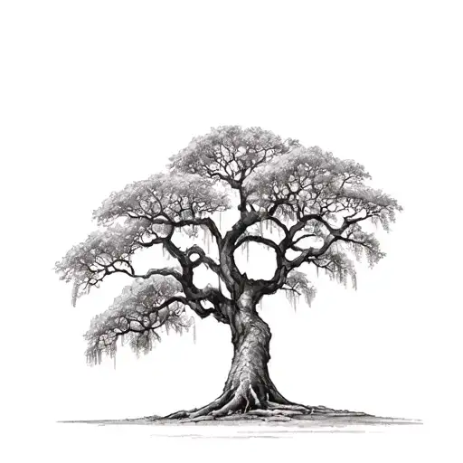 realistic live oak tree with Spanish moss covered tree aestehtic tattoo design idea