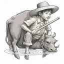 straw hat child farmer playing bamboo flute siting on water buffalo tattoo design idea
