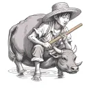 straw hat child farmer playing bamboo flute siting on water buffalo tattoo design idea
