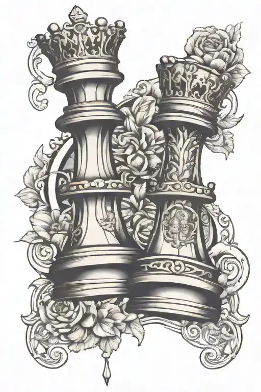 king and queen chess piece 5 blossoms tattoo design idea