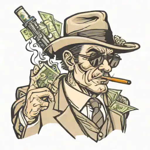 mafia boss smoking a joint, stacks of money and guns tattoo design idea