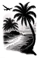palm trees, sea, beach, plane flying in the sky, compas. black and white tattoo design idea