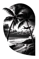 palm trees, sea, beach, plane flying in the sky, compas. black and white tattoo design idea