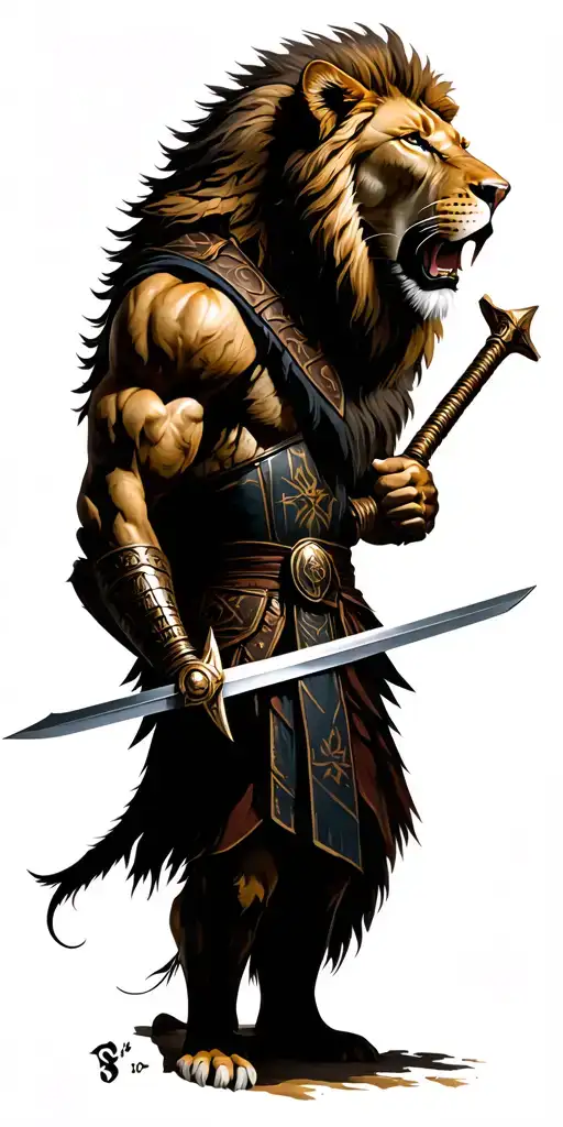lion with a spartan warrior wielding a sword tattoo design idea