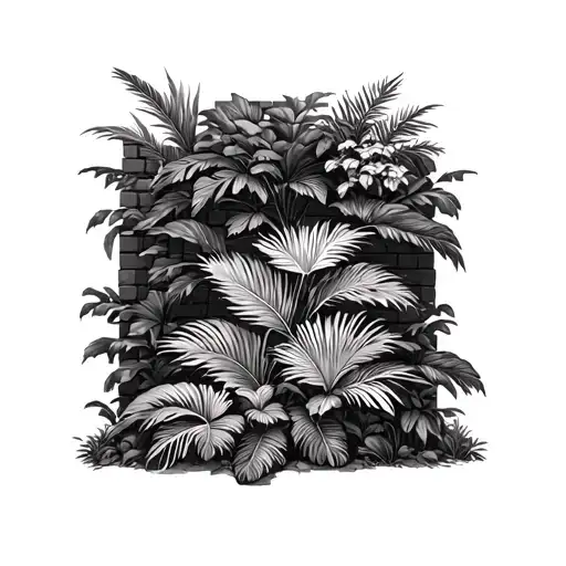 brick wall overgrown tropical foliage tattoo design idea