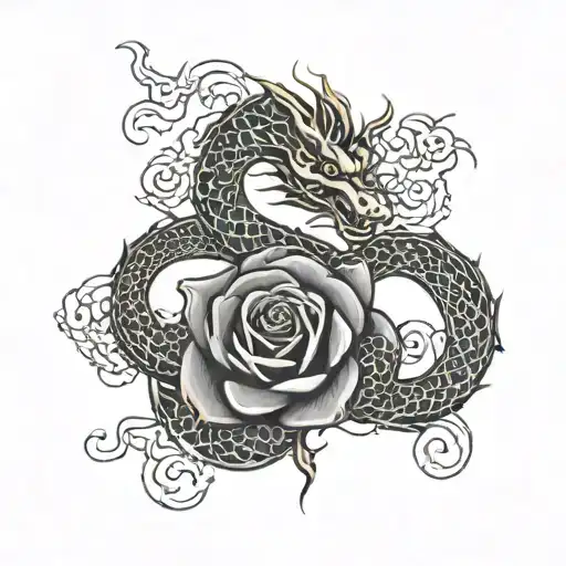 asian dragon wrapped rose intertwined representing the client's wife's dominance dominance submission symbol  tattoo design idea