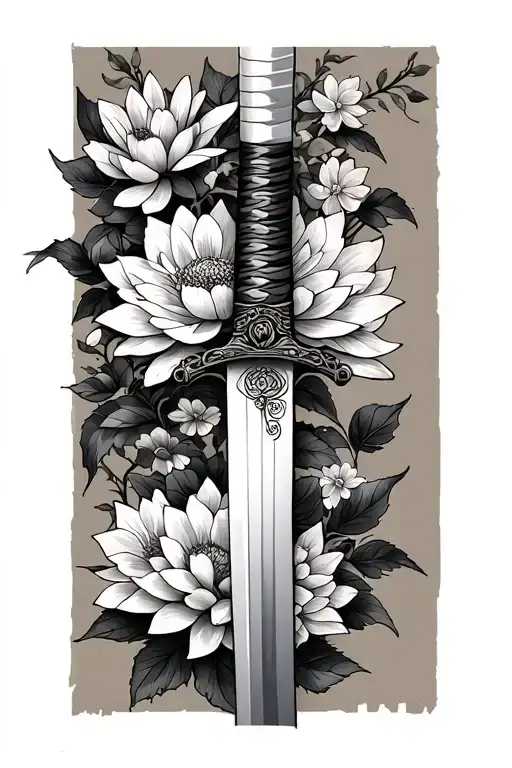 Create a black and grey forearm tattoo of a Katana sword with chrysanthemum, lotus’s, cherry blossoms along with other  tattoo design idea