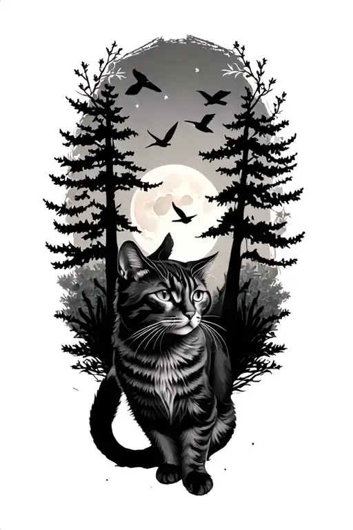 black and grey black cat with trees, moon, birds bicep tattoo tattoo design idea