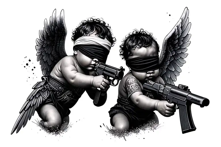 2 baby angel shooting a gun with a blind fold on and they are black angels with aks tattoo design idea