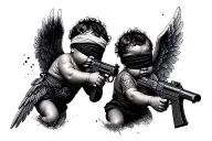 2 baby angel shooting a gun with a blind fold on and they are black angels with aks tattoo design idea
