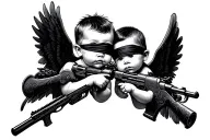 2 baby angel shooting a gun with a blind fold on and they are black angels with aks tattoo design idea