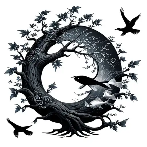 tree of life, little birds flying, koi fish, the word gratitude  tattoo design idea
