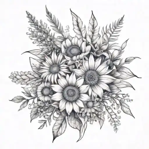 fine line wild flowers bouquet tied with lavendar, sunflower, and daisy tattoo design idea
