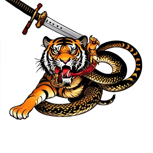 tiger with katana in mouth fighting a snake tattoo design idea