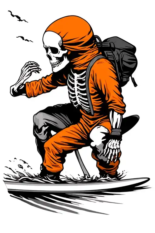 surfing skeleton in a orange jumpsuit and a black headsack tattoo design idea