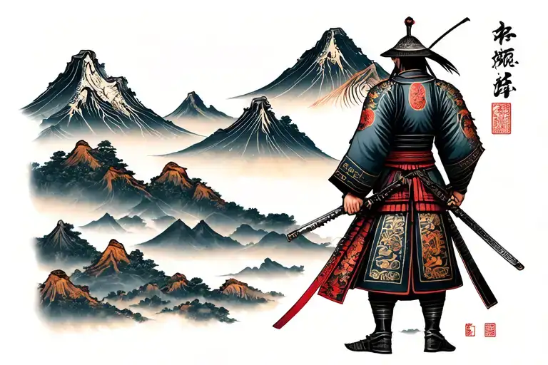 Japanese samurai saga top middle and bottom of back. first part is the samurai alone with mountains in background  tattoo design idea