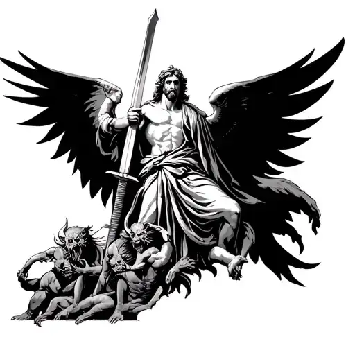 st Michael with a sword, on the bottom of him is demons and on both of his sides you see the demons stacked up tattoo design idea