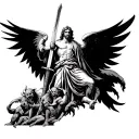 st Michael with a sword, on the bottom of him is demons and on both of his sides you see the demons stacked up tattoo design idea