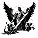 st Michael with a sword, on the bottom of him is demons and on both of his sides you see the demons stacked up tattoo design idea
