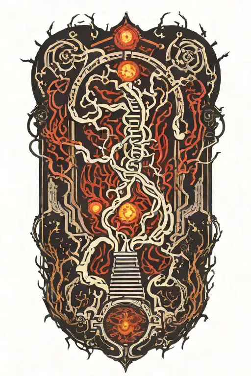 Circuit roots at base transforming into Dante climbing from Inferno toward glowing light, circuits twisting upwards tattoo design idea