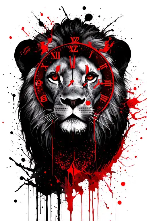 lady face with lion main theme with clock  tattoo design idea