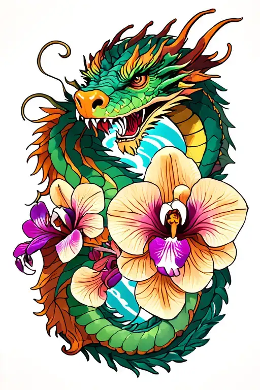  dragon and orchid leg tattoo featuring tattoo design idea